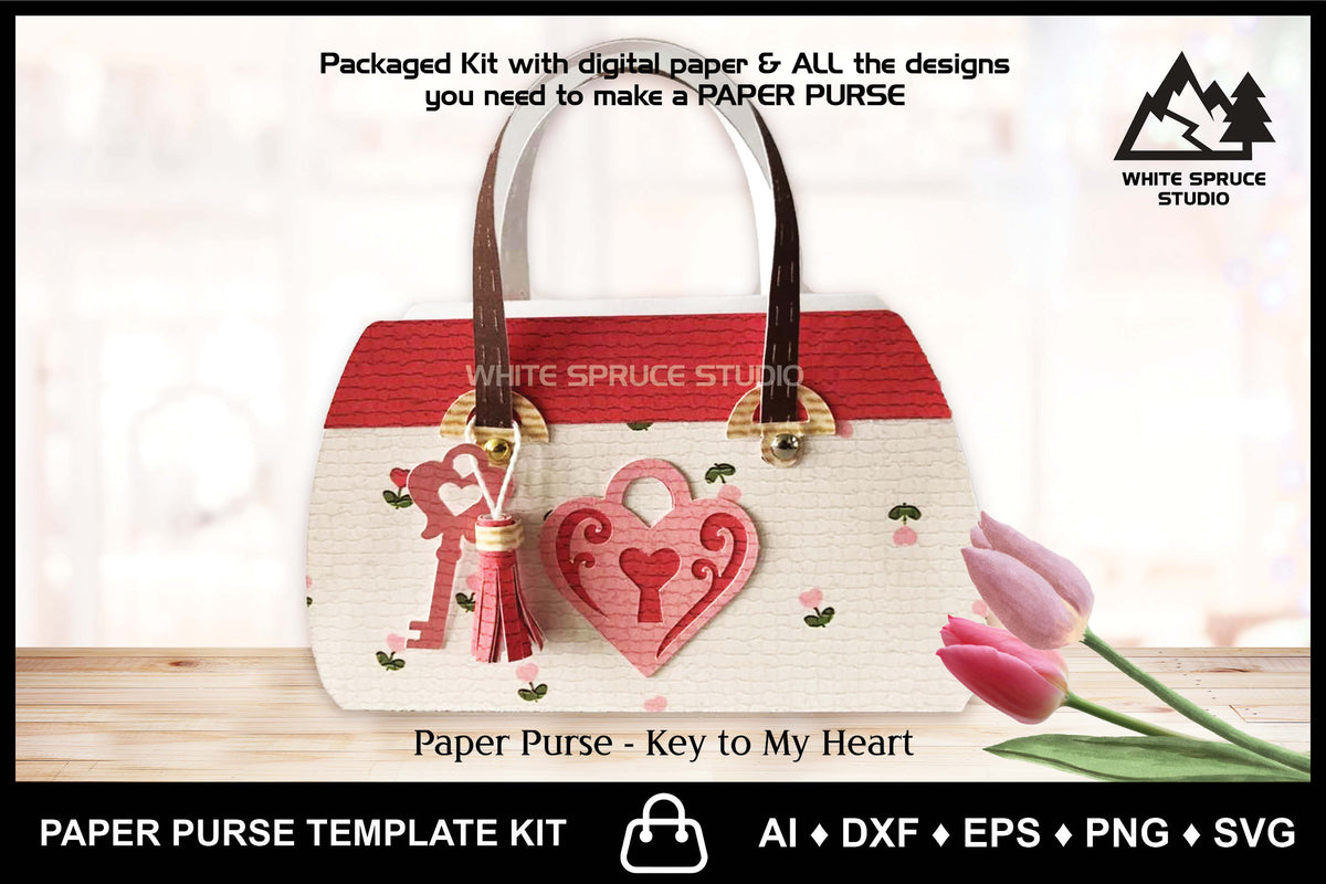 3D Paper Purse Template, Key to My Heart – White Spruce Studio