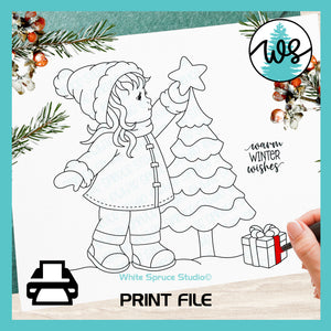 Digital Stamp Winter Girl with Christmas Tree