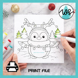 Digital Stamp Christmas Penguin Printable Line Art