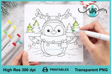 Digital Stamp Christmas Penguin Printable Line Art