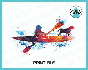 Printable Splatter Kayak Woman with Dog
