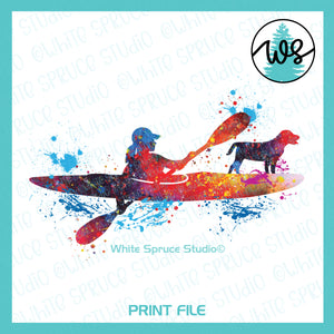 Printable Splatter Kayak Woman with Dog
