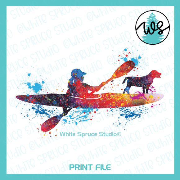 Printable Splatter Kayak Woman with Dog
