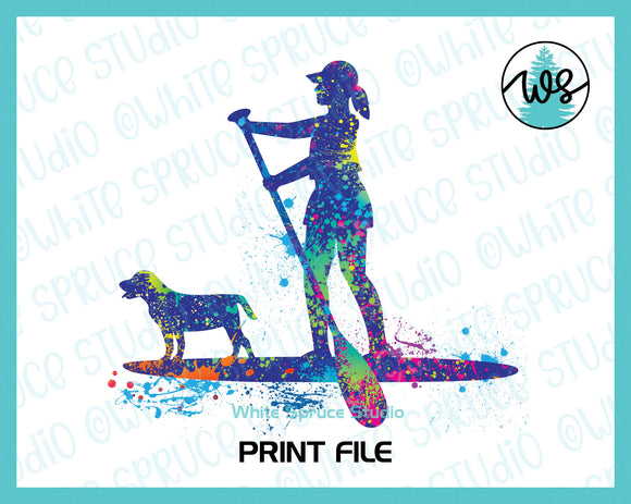 Printable Splatter SUP Woman Standing and Dog