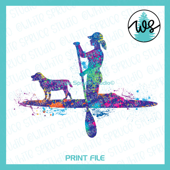 Printable Splatter SUP Woman Kneeling and Dog