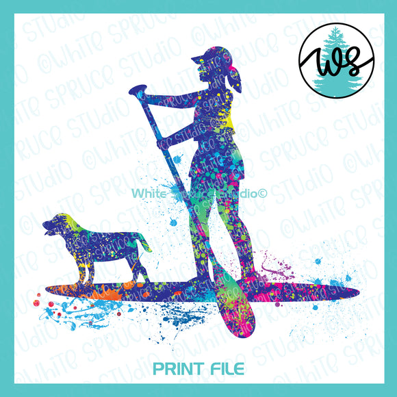 Printable Splatter SUP Woman Standing and Dog