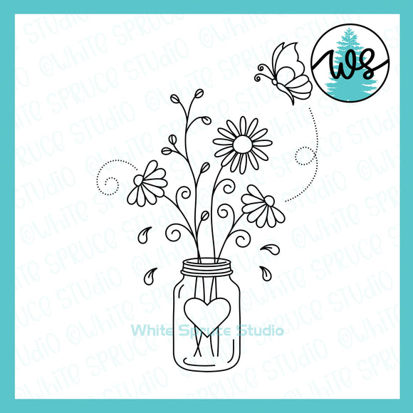 Single Line, Mason Jar Flowers Butterfly