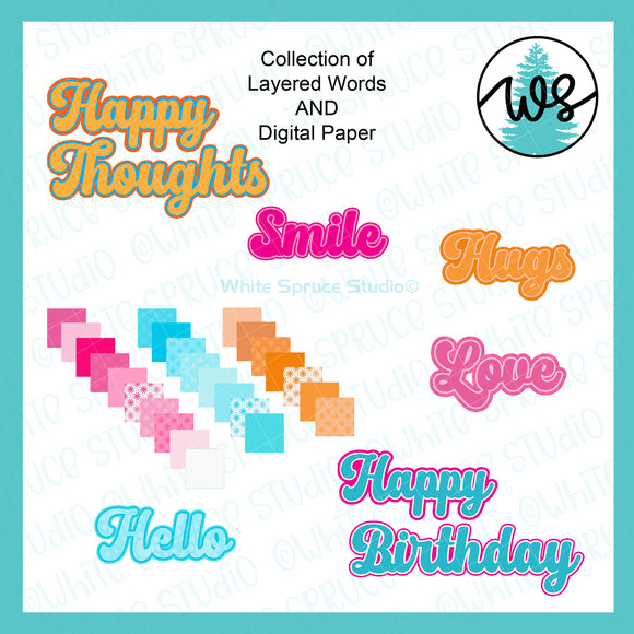 Layered Words Clip Art: Happy Birthday, Love, Smile (SVG PNG Digital Paper)